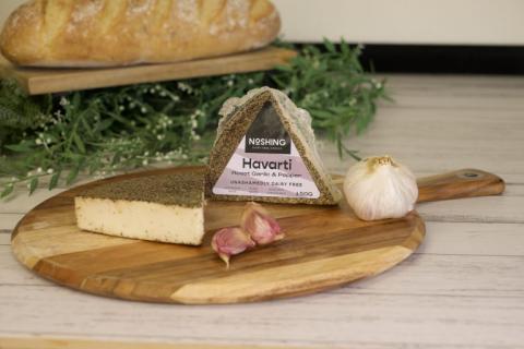 Noshing Harvarti with Roast Garlic & Pepper Vegan Cheese